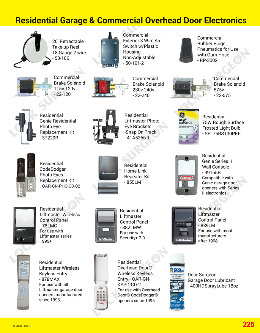 Airdrie lift-assist guides for overhead door electronics brake solenoid control panel & keyless entry.