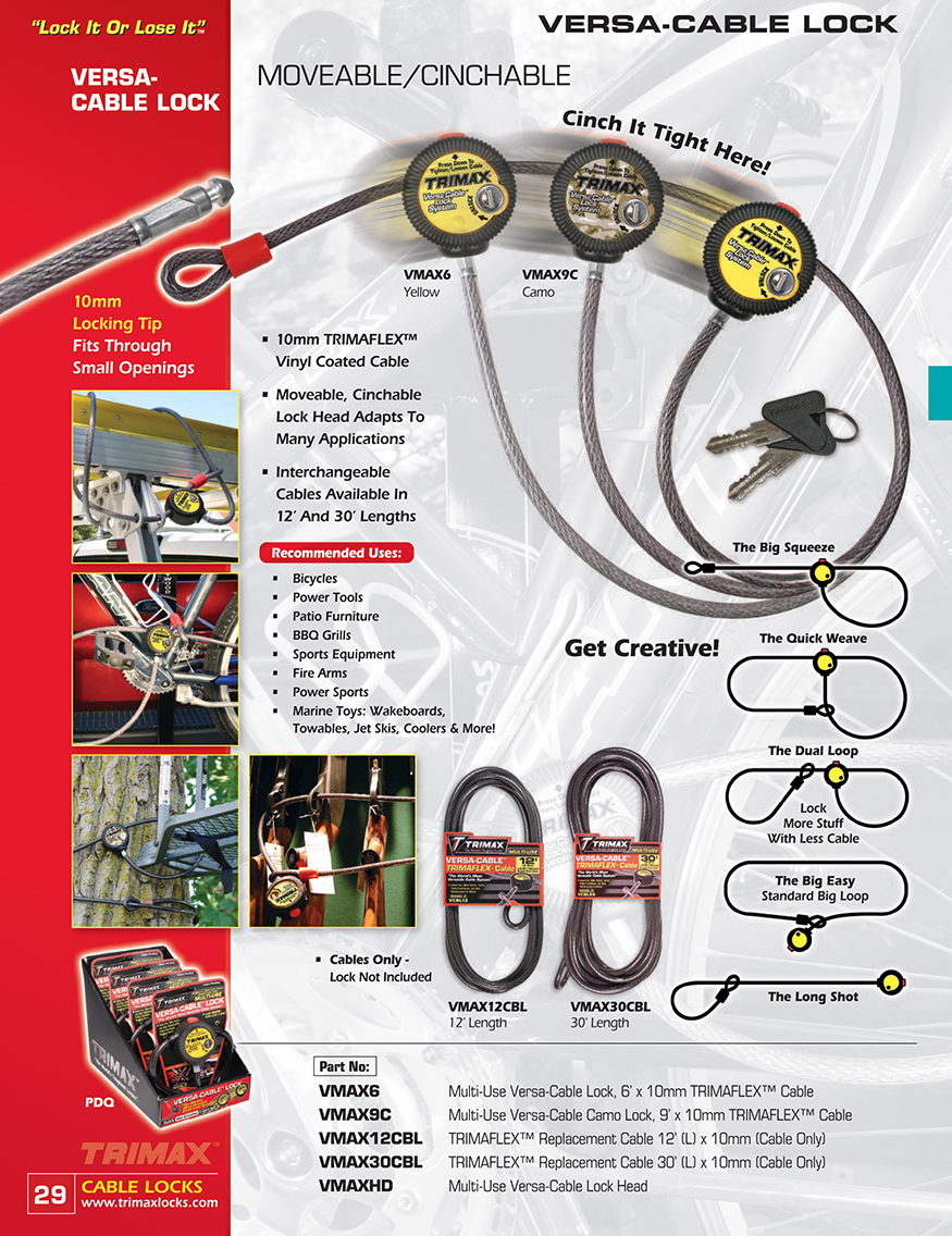 Blackfalds versa-cable lock with moveable, cinchable tightening and locking tip.