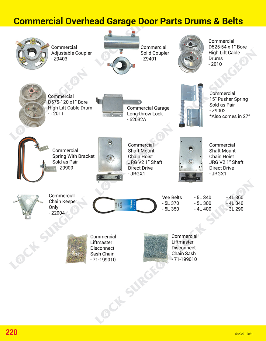 Cochrane Garage door weatherseal commercial overhead door parts couplers cable drums & belts.