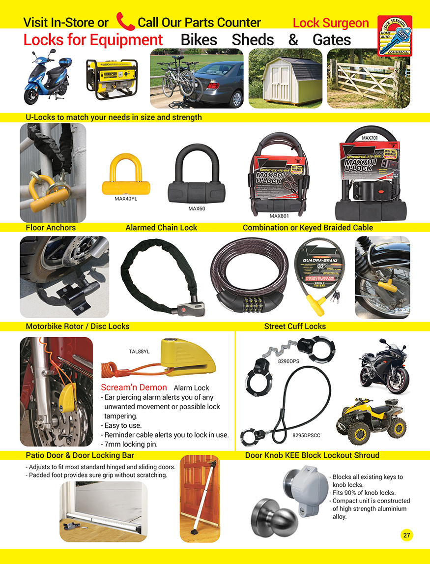 Strathmore locks for equipment, U-locks, floor anchors, chain locks, braided cable locks, disc locks.