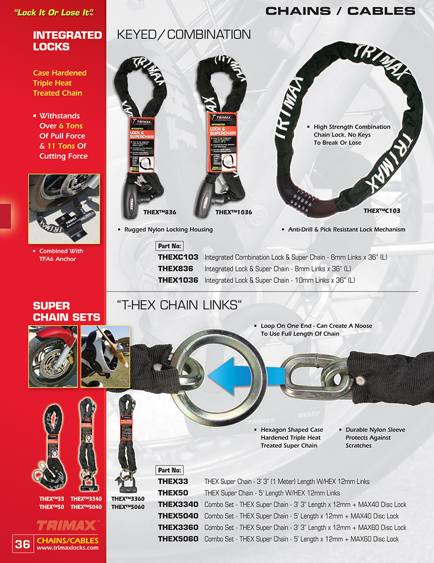 Chains and cables keyed or combination integrated locks.