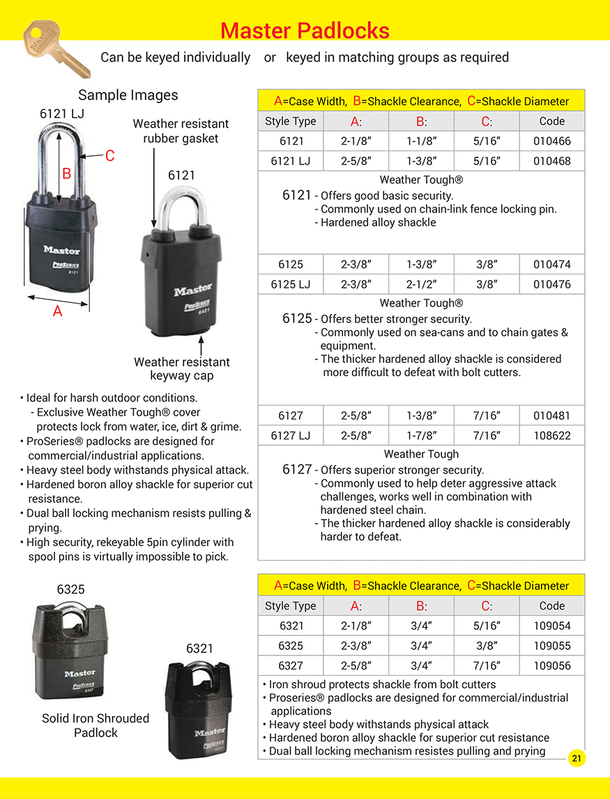 Weather resistant Master Padlocks keyed individually or in matching groups.