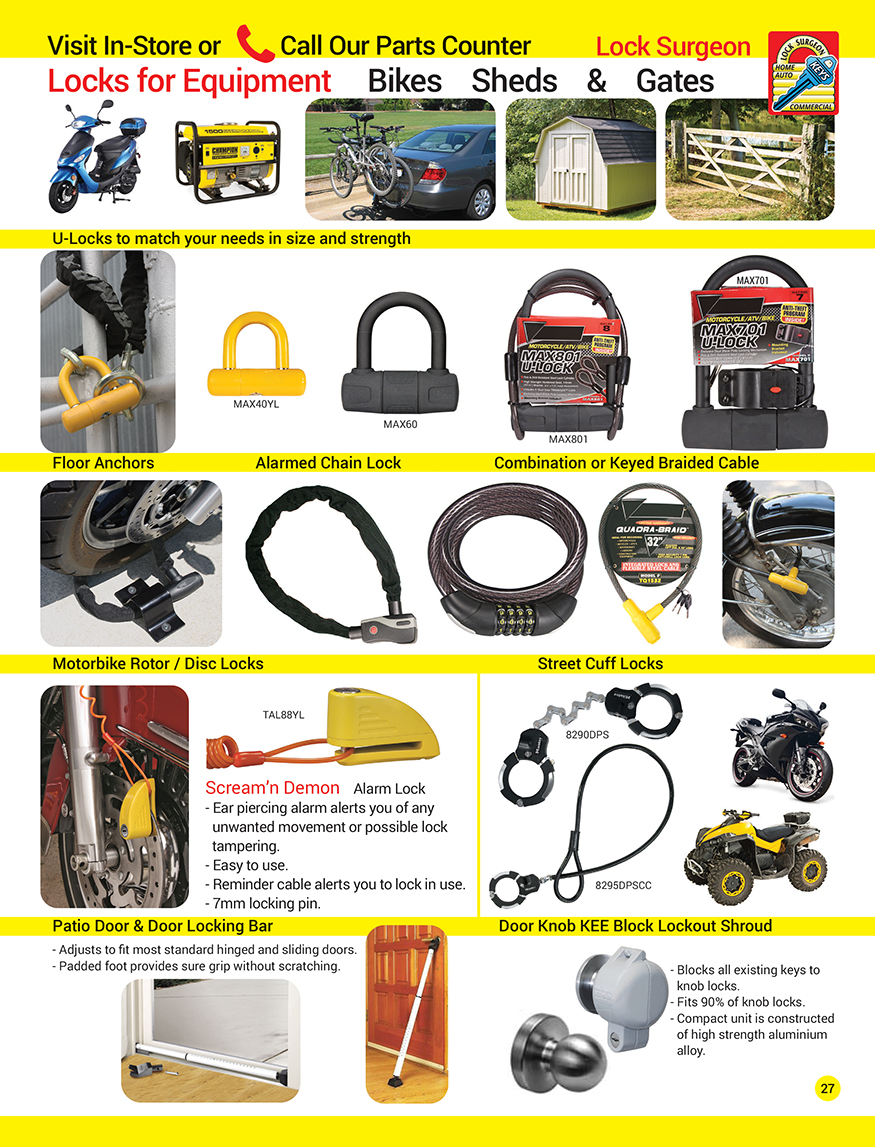 Locks for equipment, U-locks, floor anchors, chain locks, braided cable locks, disc locks.
