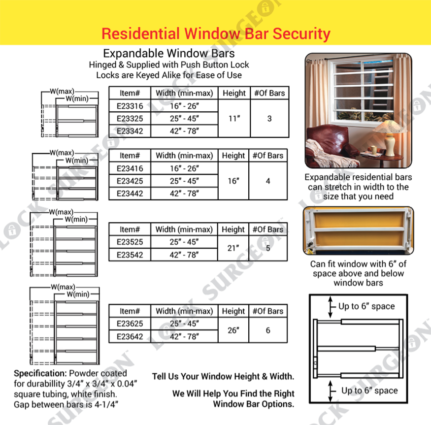 Residential window hinged security bars come complete with lock.